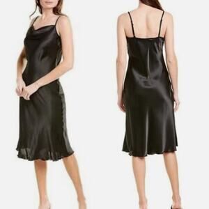 Vintage Y2K Bebe Satin Slip Dress Large Black Cowl Neck Midi Party Cocktail Chic